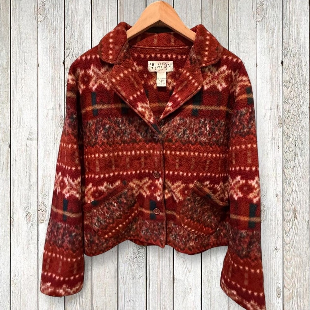Vintage Lavon Sport Red Southwestern Fair Isle Fleece Jacket Women's Medium